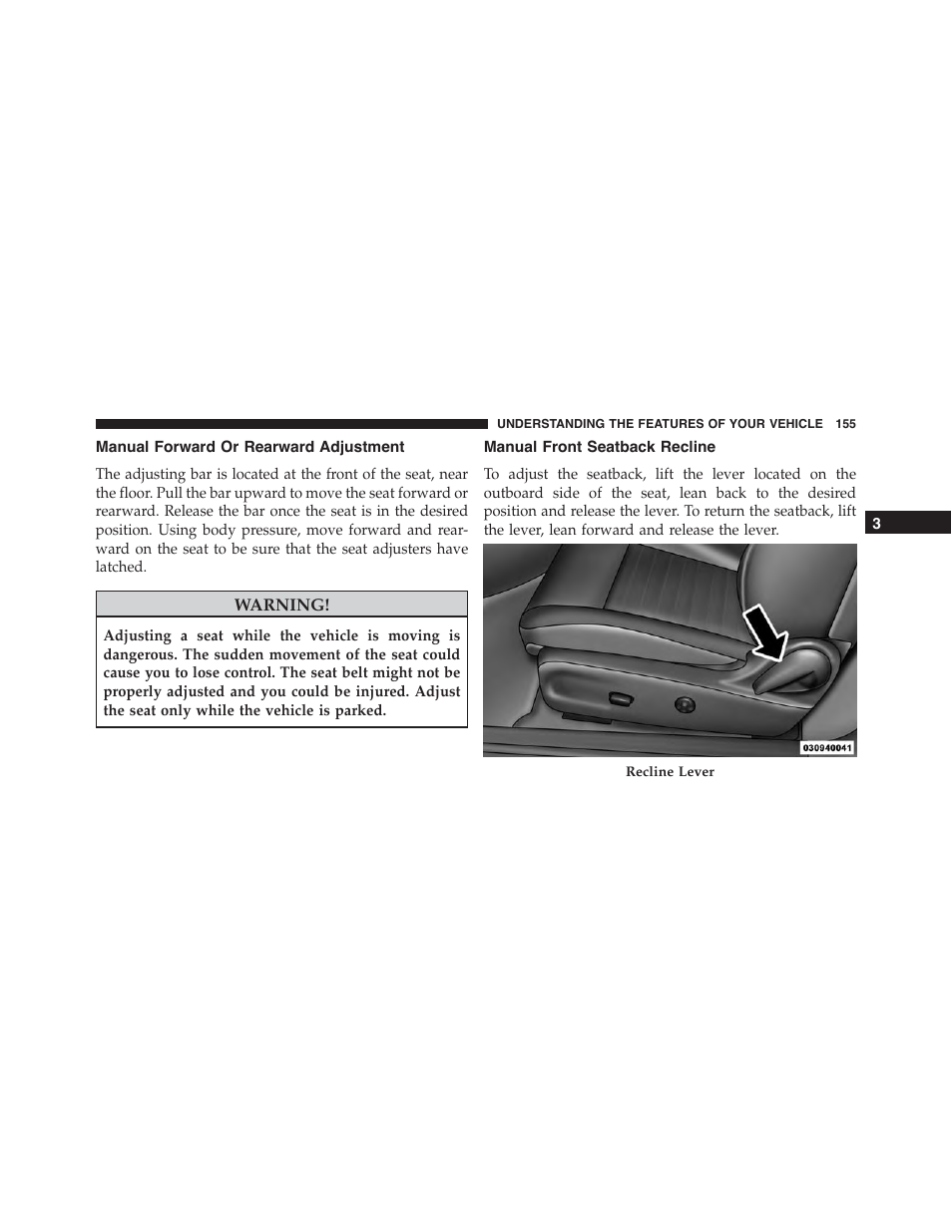 Manual forward or rearward adjustment, Manual front seatback recline | Dodge 2014 Challenger - Owner Manual User Manual | Page 157 / 541