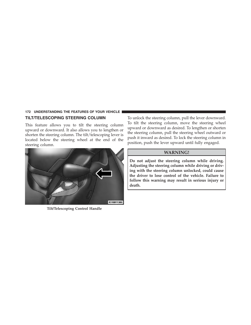 Tilt/telescoping steering column | Dodge 2014 Challenger - Owner Manual User Manual | Page 174 / 541