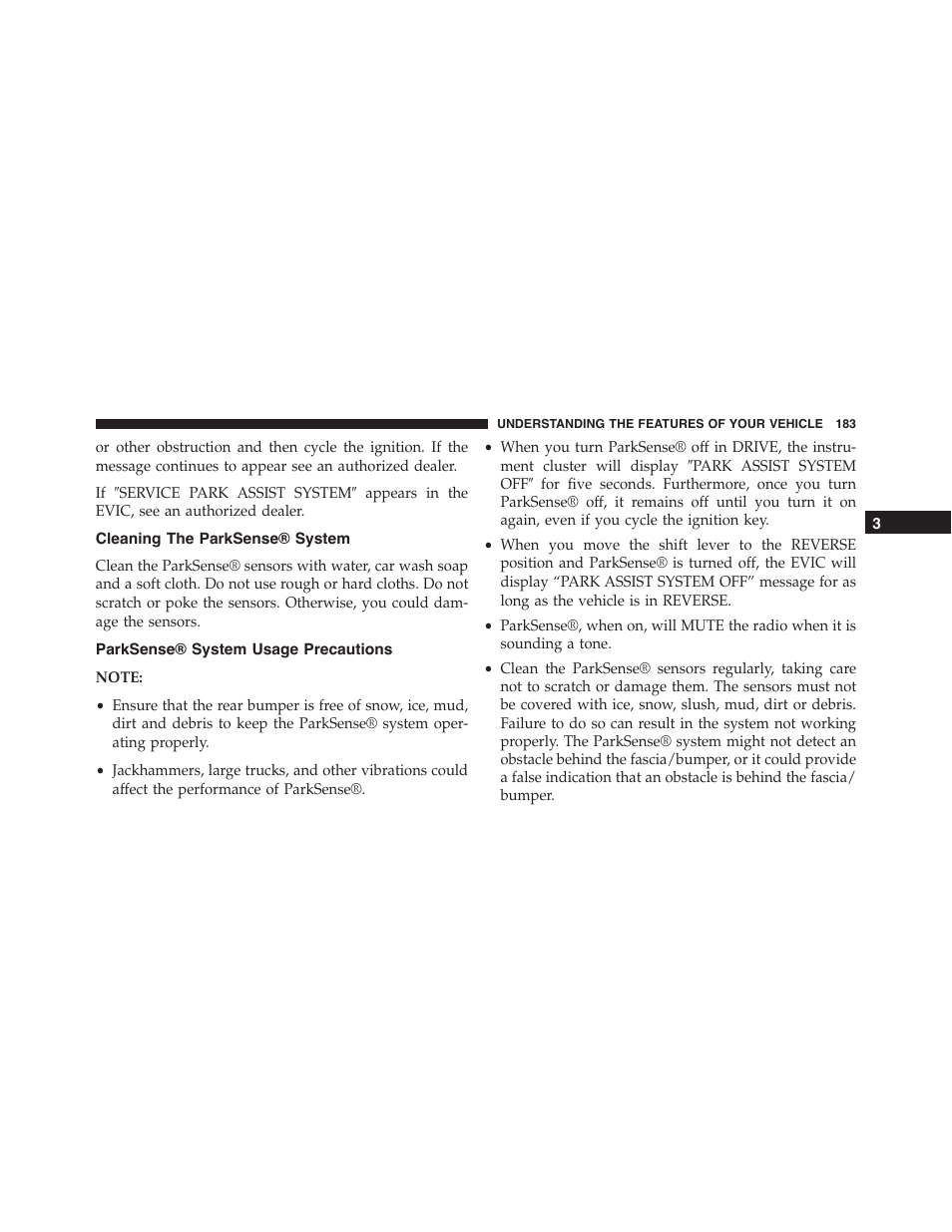 Cleaning the parksense® system, Parksense® system usage precautions | Dodge 2014 Challenger - Owner Manual User Manual | Page 185 / 541