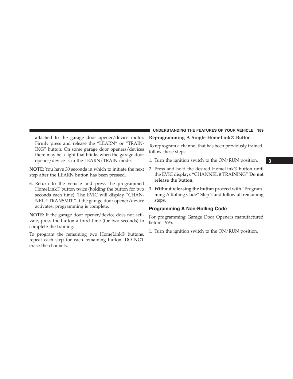 Reprogramming a single homelink® button, Programming a non-rolling code | Dodge 2014 Challenger - Owner Manual User Manual | Page 191 / 541