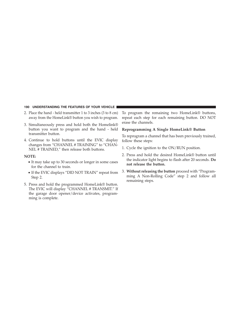 Reprogramming a single homelink® button | Dodge 2014 Challenger - Owner Manual User Manual | Page 192 / 541