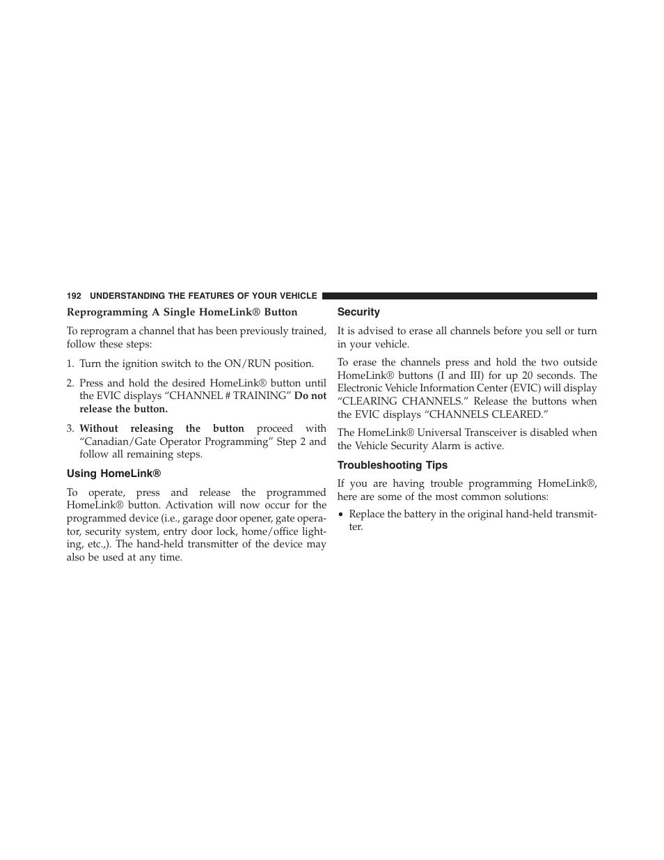 Reprogramming a single homelink® button, Using homelink, Security | Troubleshooting tips | Dodge 2014 Challenger - Owner Manual User Manual | Page 194 / 541