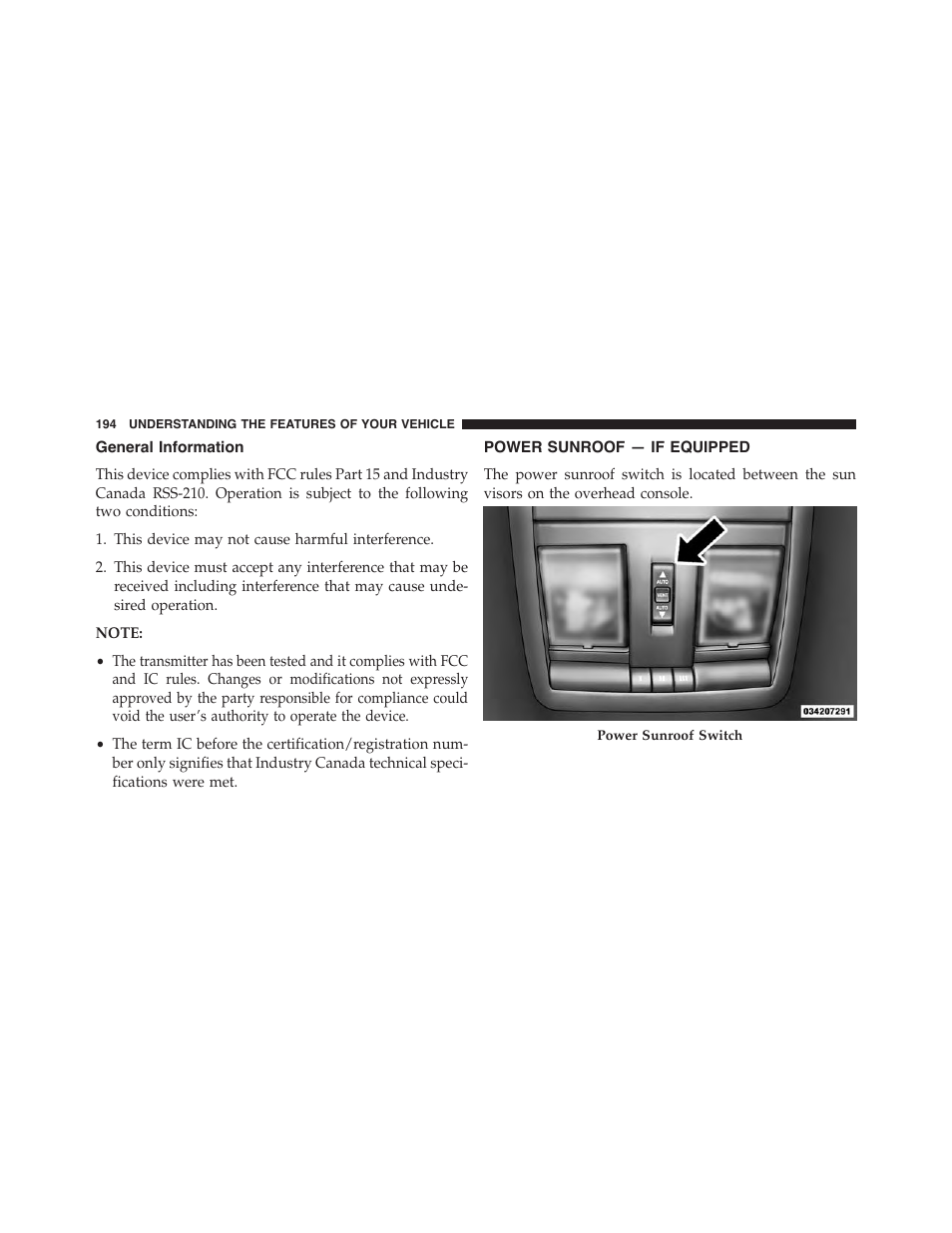 General information, Power sunroof — if equipped | Dodge 2014 Challenger - Owner Manual User Manual | Page 196 / 541