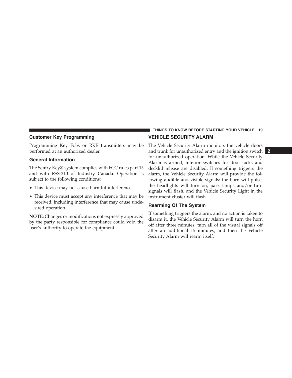 Customer key programming, General information, Vehicle security alarm | Rearming of the system | Dodge 2014 Challenger - Owner Manual User Manual | Page 21 / 541