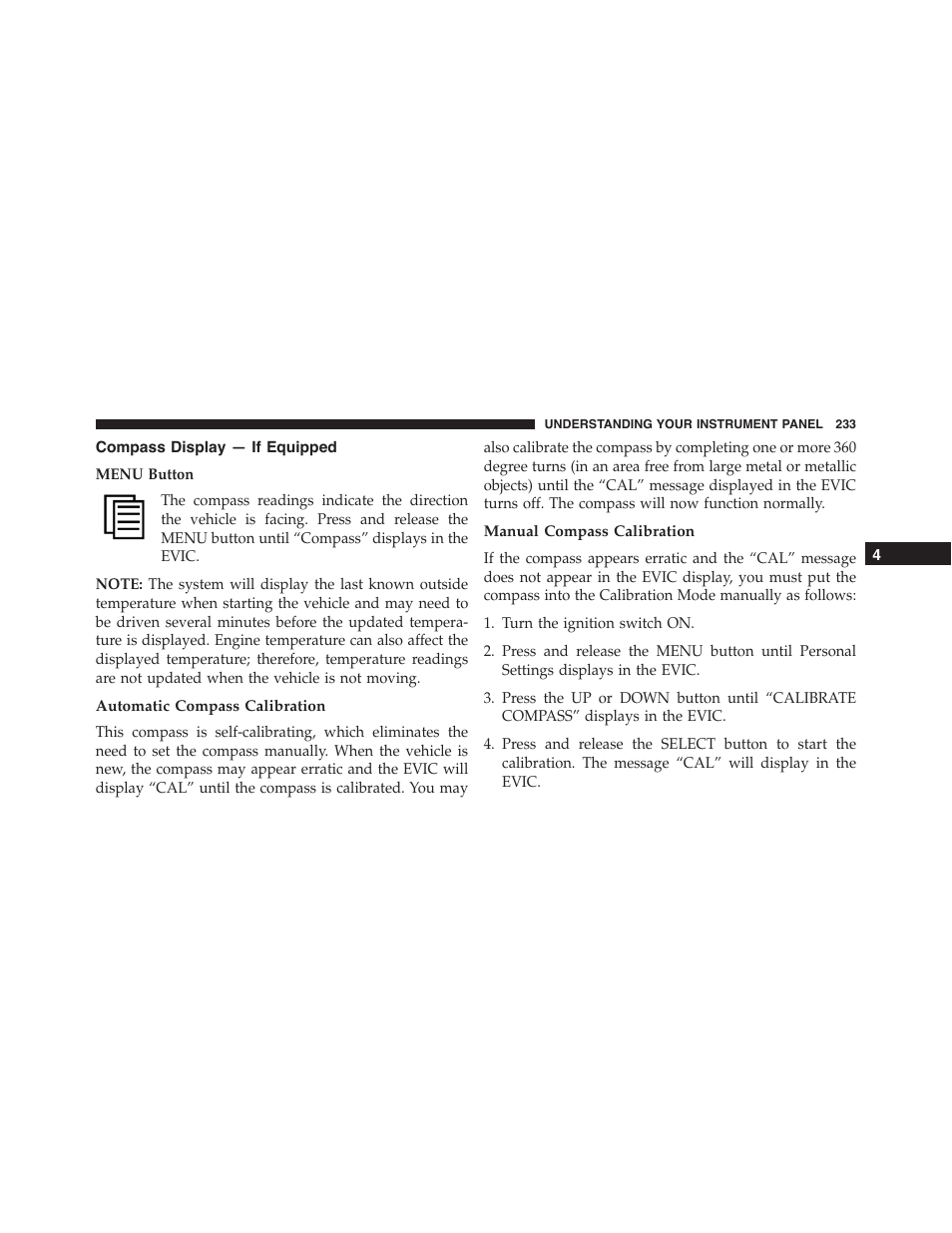 Compass display — if equipped, Automatic compass calibration, Manual compass calibration | Dodge 2014 Challenger - Owner Manual User Manual | Page 235 / 541