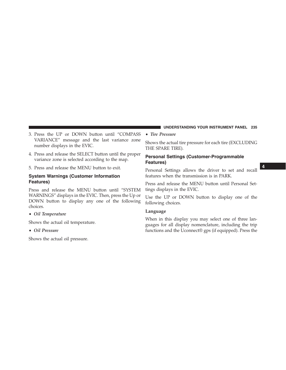 System warnings (customer information features), Personal settings (customer-programmable features), Language | Dodge 2014 Challenger - Owner Manual User Manual | Page 237 / 541