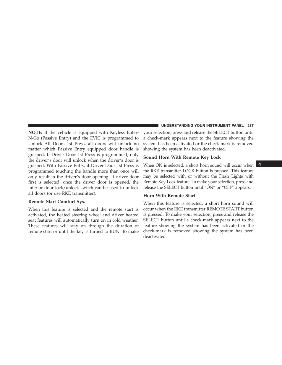 Remote start comfort sys, Sound horn with remote key lock, Horn with remote start | Dodge 2014 Challenger - Owner Manual User Manual | Page 239 / 541