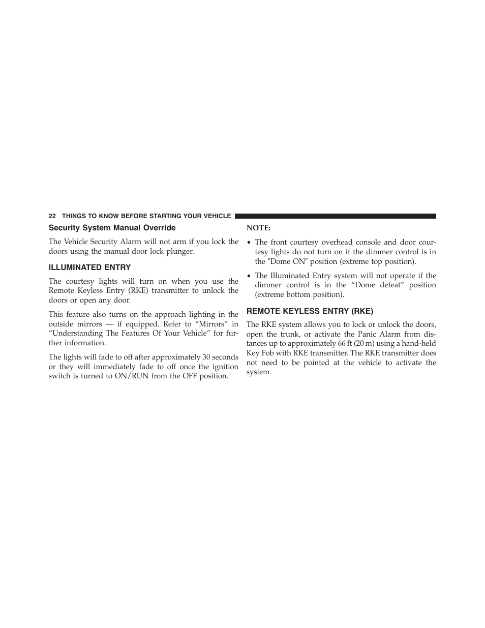 Security system manual override, Illuminated entry, Remote keyless entry (rke) | Dodge 2014 Challenger - Owner Manual User Manual | Page 24 / 541