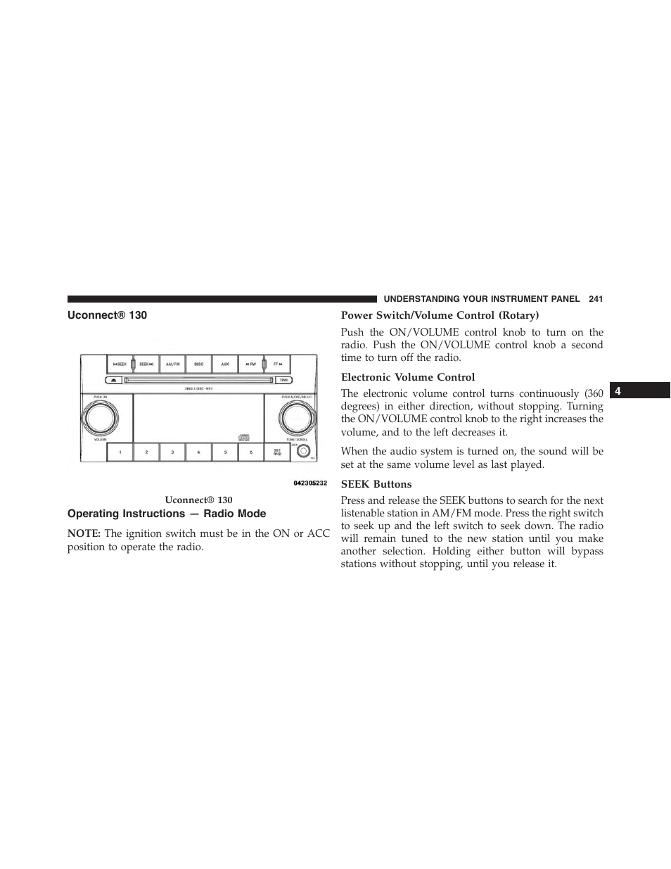 Uconnect® 130, Operating instructions — radio mode, Power switch/volume control (rotary) | Electronic volume control, Seek buttons | Dodge 2014 Challenger - Owner Manual User Manual | Page 243 / 541