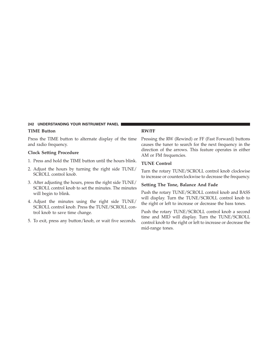 Time button, Clock setting procedure, Rw/ff | Tune control, Setting the tone, balance and fade | Dodge 2014 Challenger - Owner Manual User Manual | Page 244 / 541