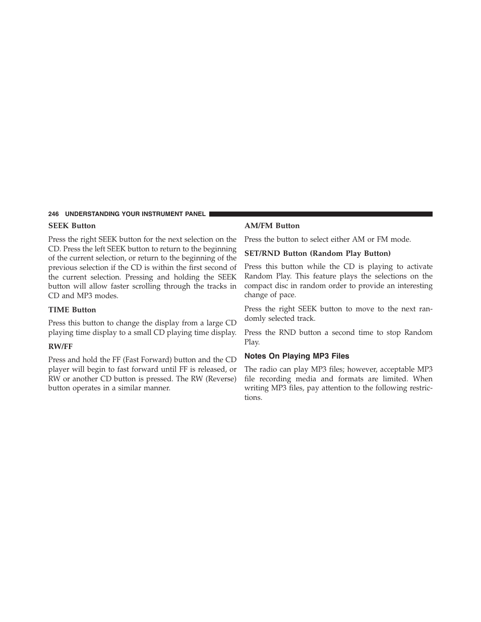 Seek button, Time button, Rw/ff | Am/fm button, Set/rnd button (random play button), Notes on playing mp3 files | Dodge 2014 Challenger - Owner Manual User Manual | Page 248 / 541