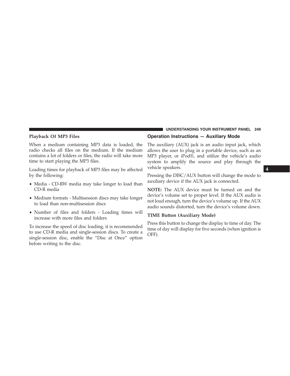 Playback of mp3 files, Operation instructions — auxiliary mode, Time button (auxiliary mode) | Dodge 2014 Challenger - Owner Manual User Manual | Page 251 / 541