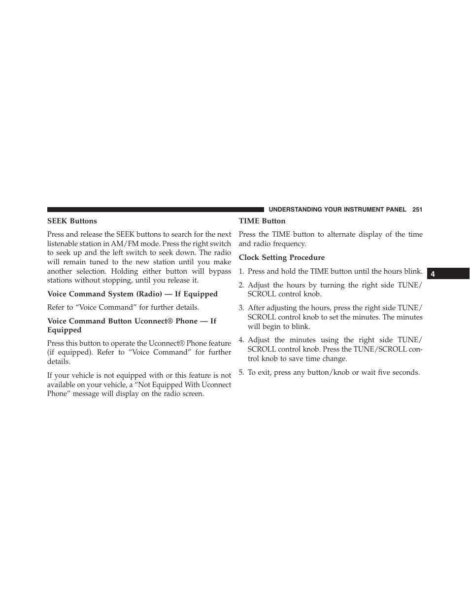 Seek buttons, Voice command system (radio) — if equipped, Voice command button uconnect® phone — if equipped | Time button, Clock setting procedure | Dodge 2014 Challenger - Owner Manual User Manual | Page 253 / 541