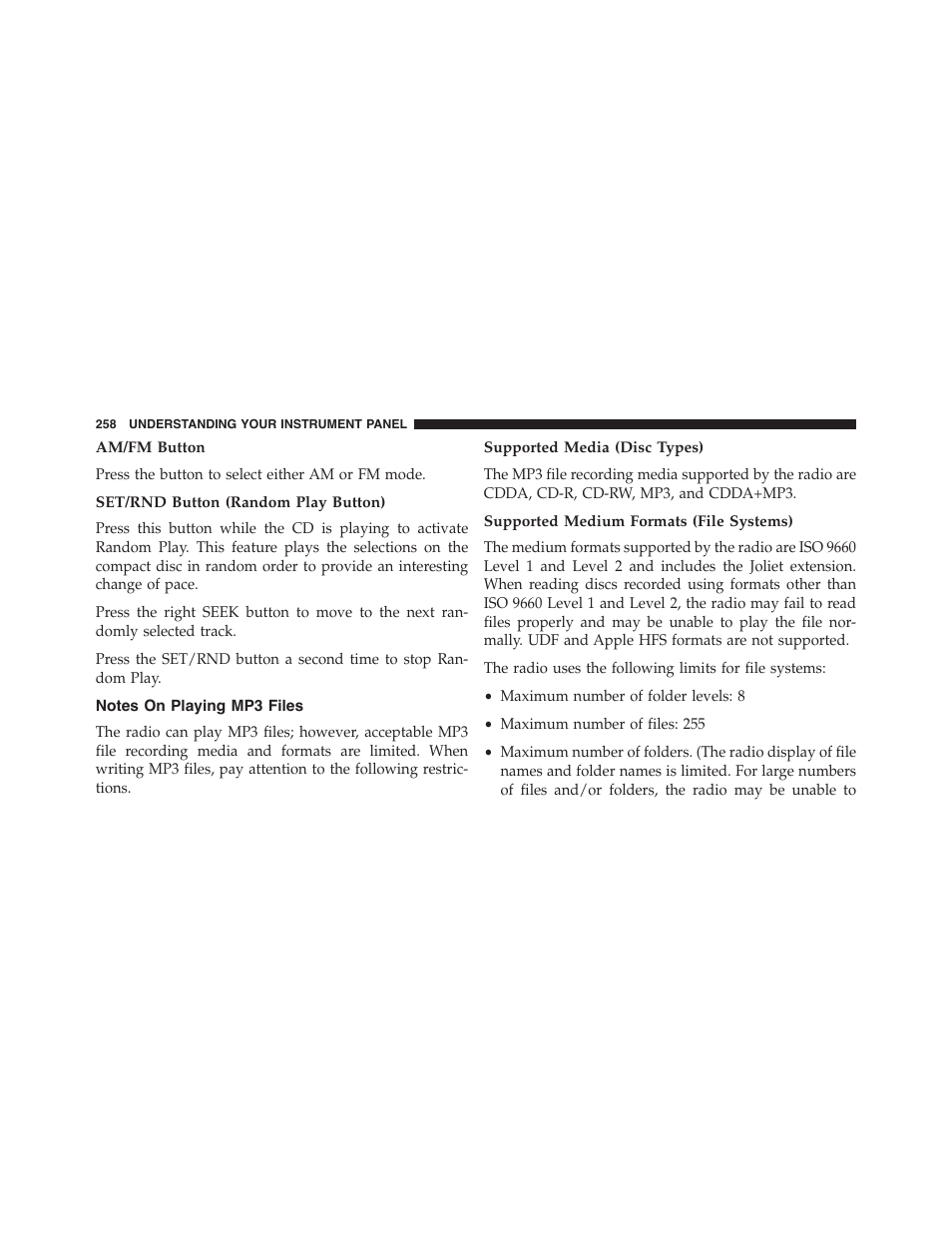 Am/fm button, Set/rnd button (random play button), Notes on playing mp3 files | Supported media (disc types), Supported medium formats (file systems) | Dodge 2014 Challenger - Owner Manual User Manual | Page 260 / 541