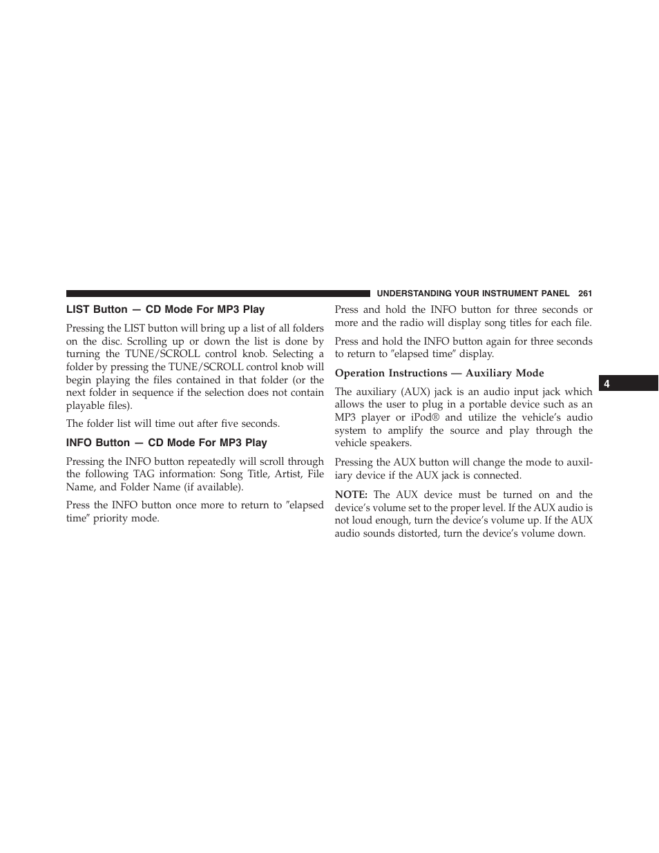 List button — cd mode for mp3 play, Info button — cd mode for mp3 play, Operation instructions — auxiliary mode | Dodge 2014 Challenger - Owner Manual User Manual | Page 263 / 541