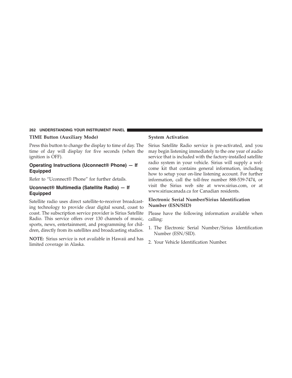 Time button (auxiliary mode), System activation | Dodge 2014 Challenger - Owner Manual User Manual | Page 264 / 541