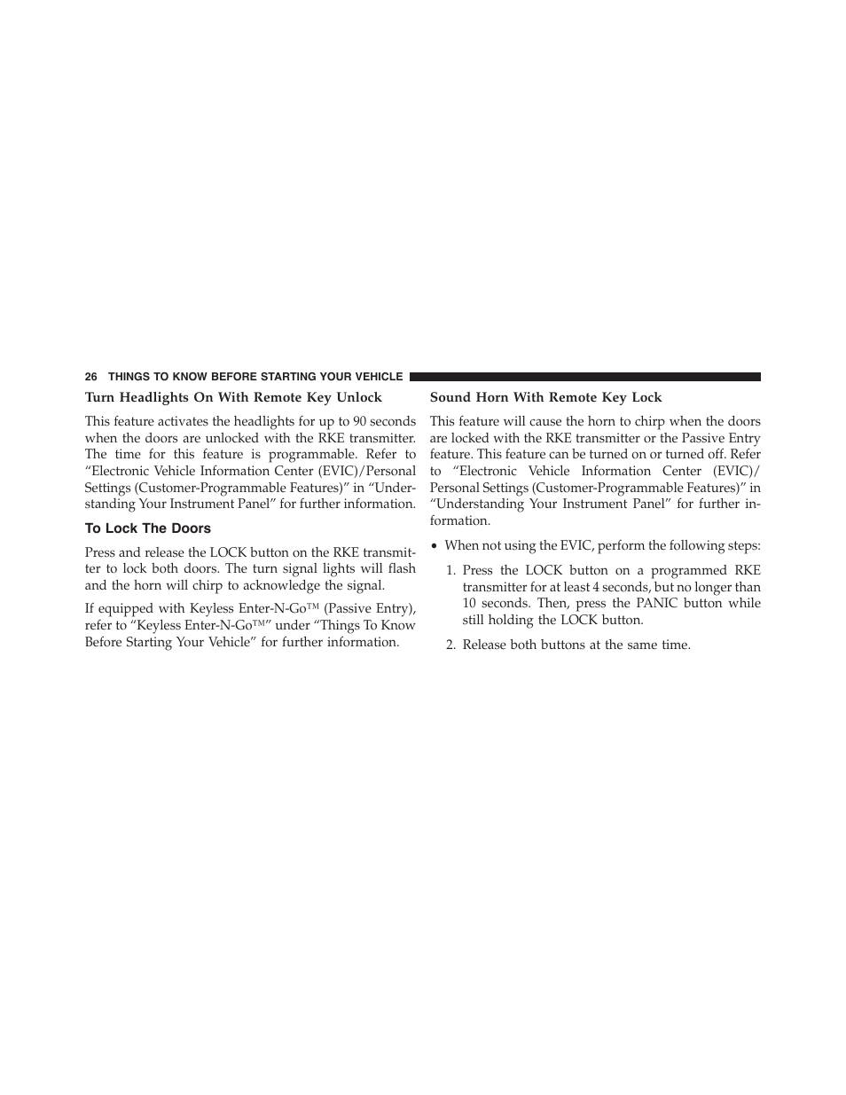 Turn headlights on with remote key unlock, To lock the doors, Sound horn with remote key lock | Dodge 2014 Challenger - Owner Manual User Manual | Page 28 / 541