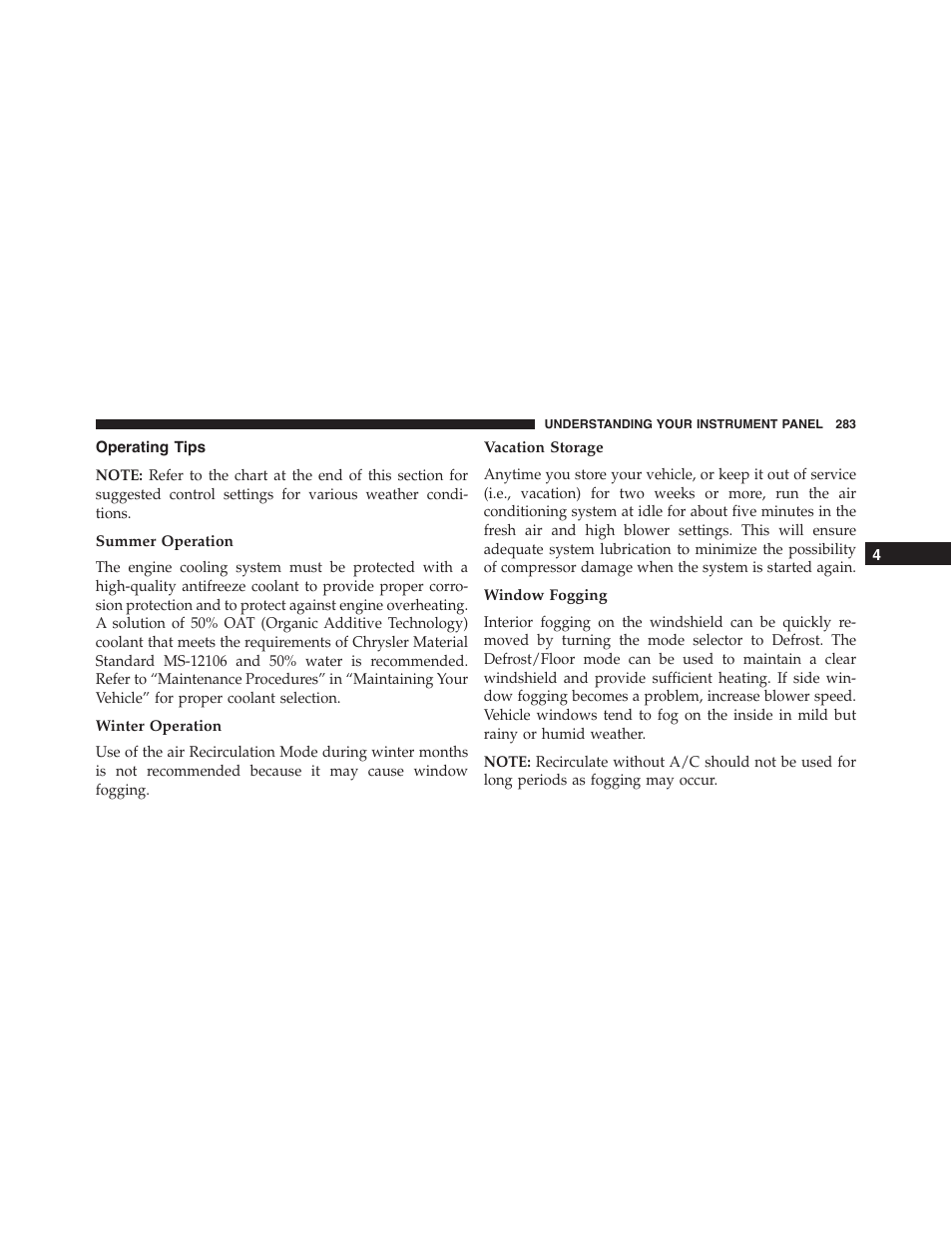 Operating tips, Summer operation, Winter operation | Vacation storage, Window fogging | Dodge 2014 Challenger - Owner Manual User Manual | Page 285 / 541