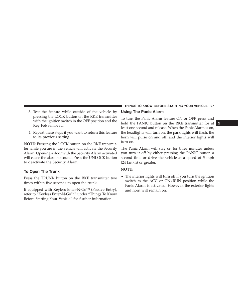 To open the trunk, Using the panic alarm | Dodge 2014 Challenger - Owner Manual User Manual | Page 29 / 541