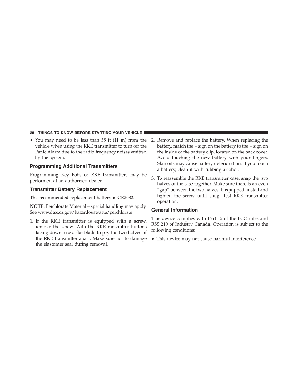 Programming additional transmitters, Transmitter battery replacement, General information | Dodge 2014 Challenger - Owner Manual User Manual | Page 30 / 541