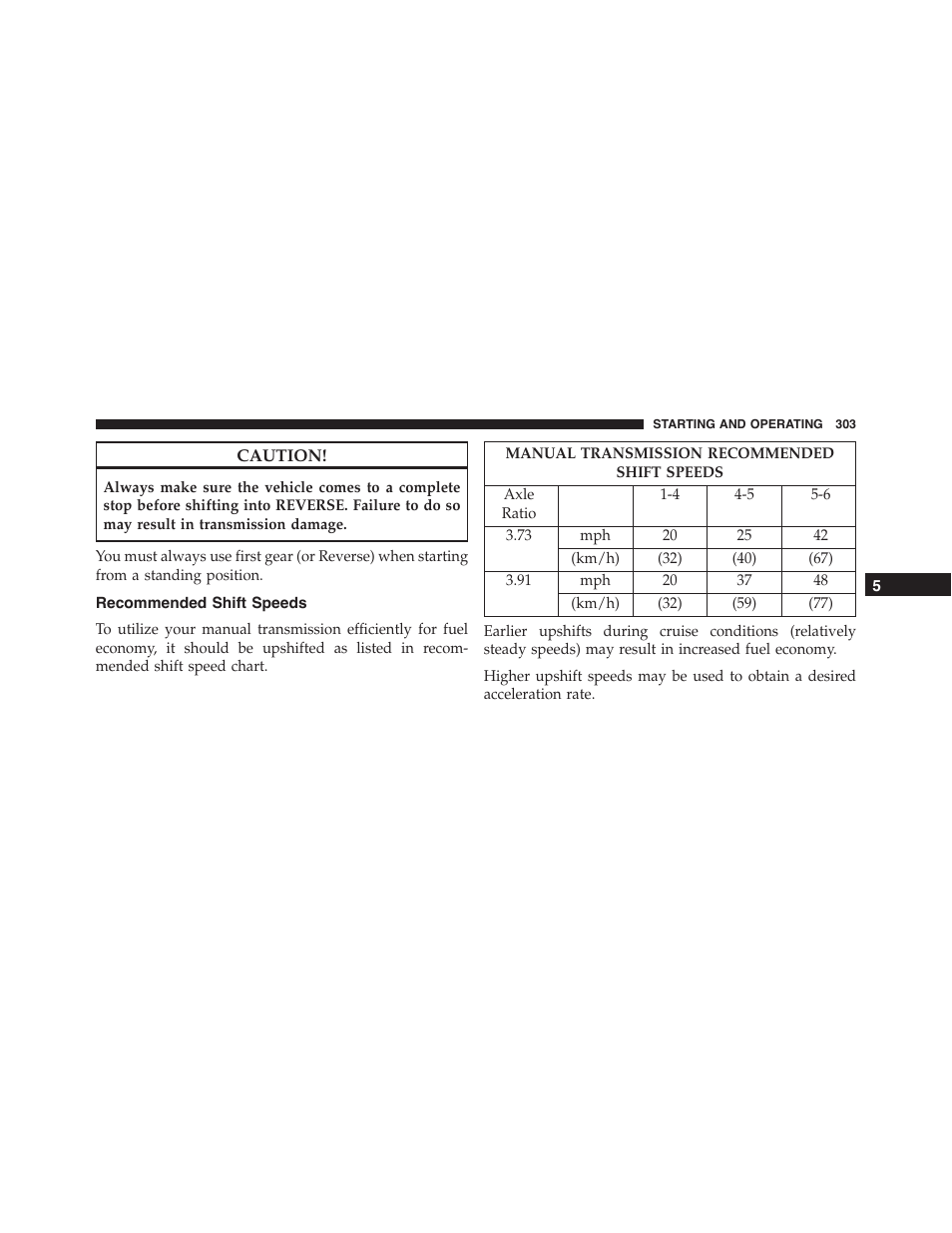 Recommended shift speeds | Dodge 2014 Challenger - Owner Manual User Manual | Page 305 / 541