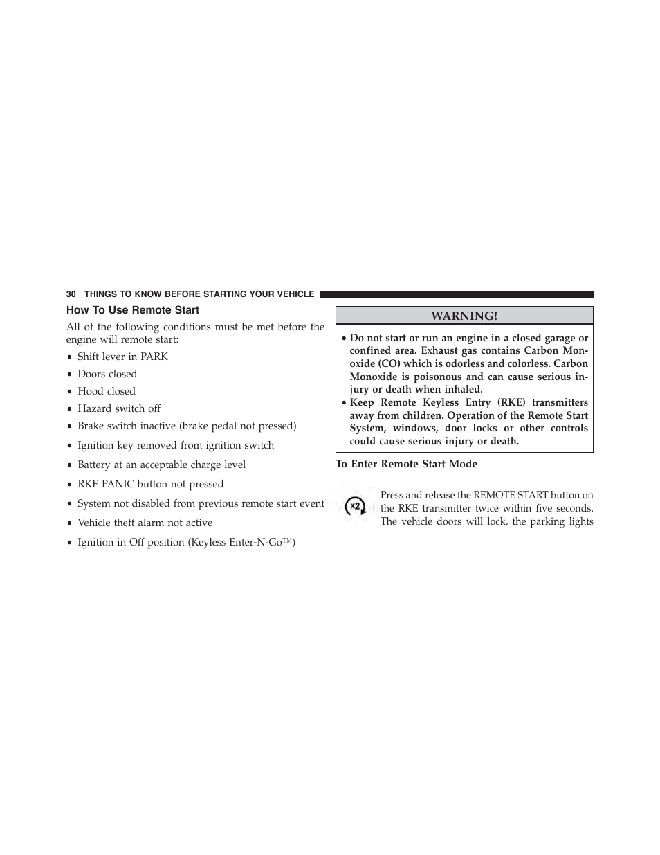 How to use remote start, To enter remote start mode | Dodge 2014 Challenger - Owner Manual User Manual | Page 32 / 541