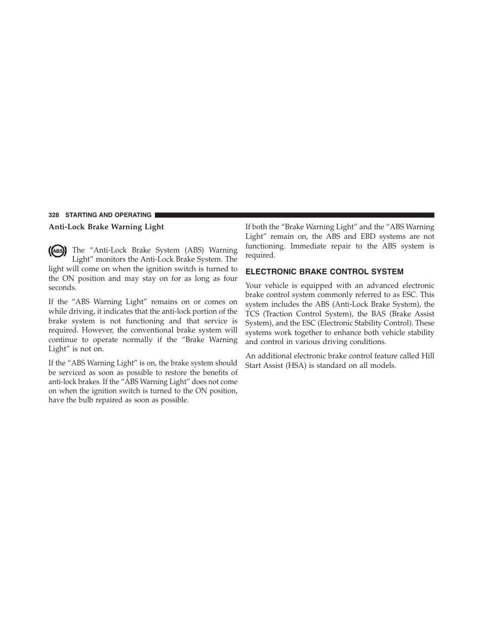 Anti-lock brake warning light, Electronic brake control system | Dodge 2014 Challenger - Owner Manual User Manual | Page 330 / 541