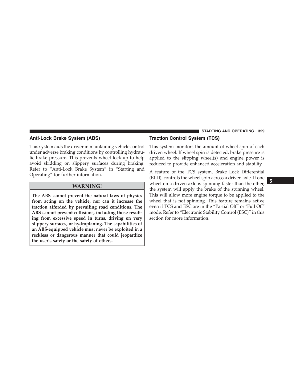 Anti-lock brake system (abs), Traction control system (tcs) | Dodge 2014 Challenger - Owner Manual User Manual | Page 331 / 541