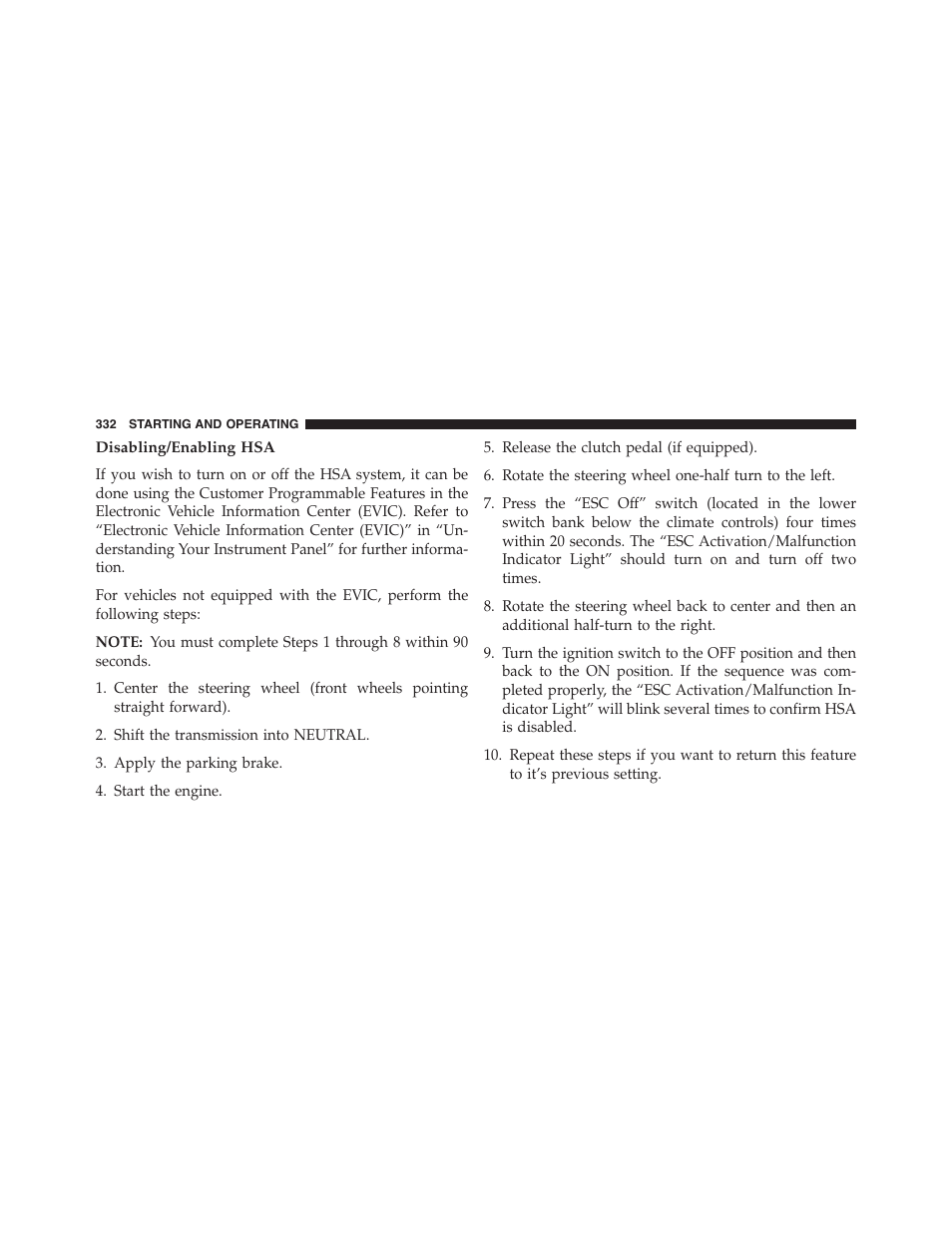 Disabling/enabling hsa | Dodge 2014 Challenger - Owner Manual User Manual | Page 334 / 541