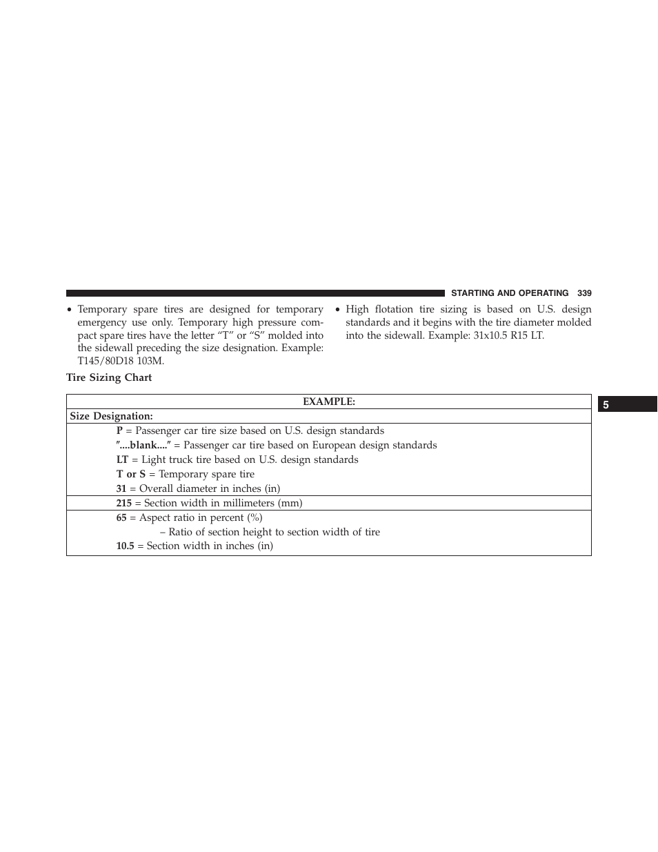 Tire sizing chart | Dodge 2014 Challenger - Owner Manual User Manual | Page 341 / 541