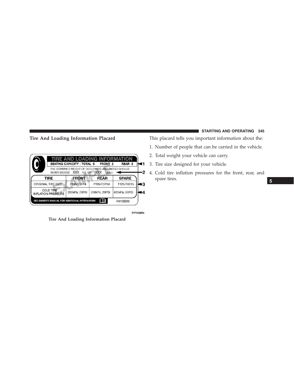 Tire and loading information placard | Dodge 2014 Challenger - Owner Manual User Manual | Page 347 / 541