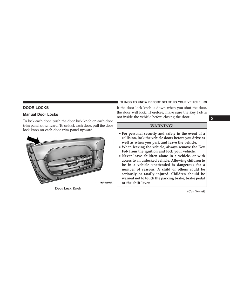 Door locks, Manual door locks | Dodge 2014 Challenger - Owner Manual User Manual | Page 35 / 541