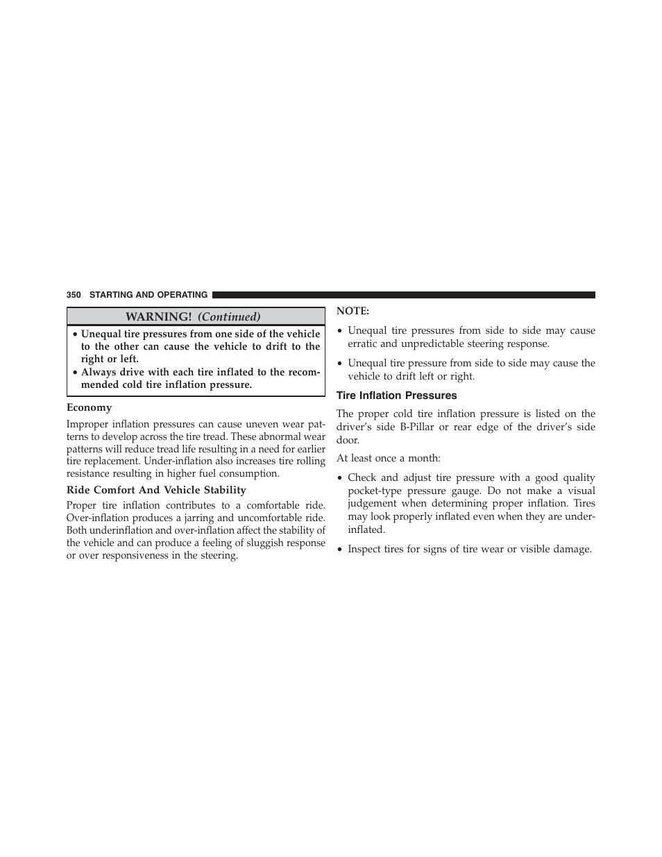 Economy, Ride comfort and vehicle stability, Tire inflation pressures | Dodge 2014 Challenger - Owner Manual User Manual | Page 352 / 541