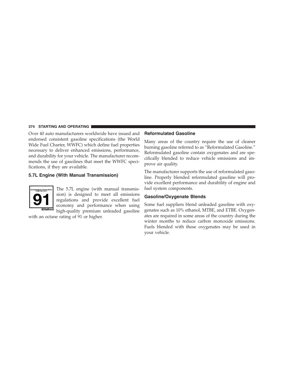 7l engine (with manual transmission), Reformulated gasoline, Gasoline/oxygenate blends | Dodge 2014 Challenger - Owner Manual User Manual | Page 376 / 541