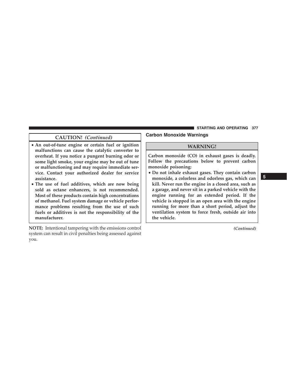 Carbon monoxide warnings | Dodge 2014 Challenger - Owner Manual User Manual | Page 379 / 541