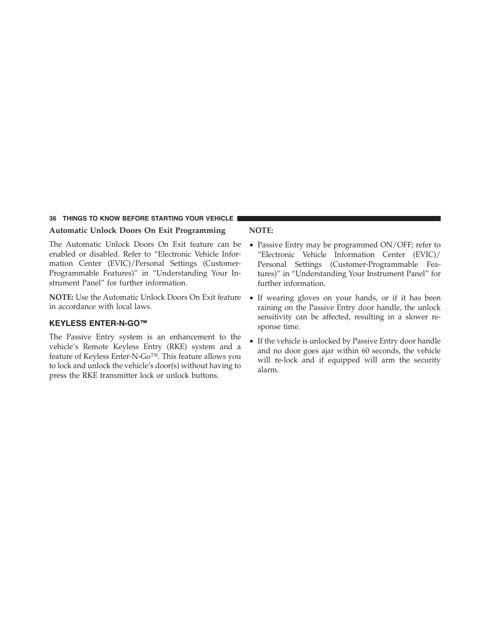 Automatic unlock doors on exit programming, Keyless enter-n-go | Dodge 2014 Challenger - Owner Manual User Manual | Page 38 / 541