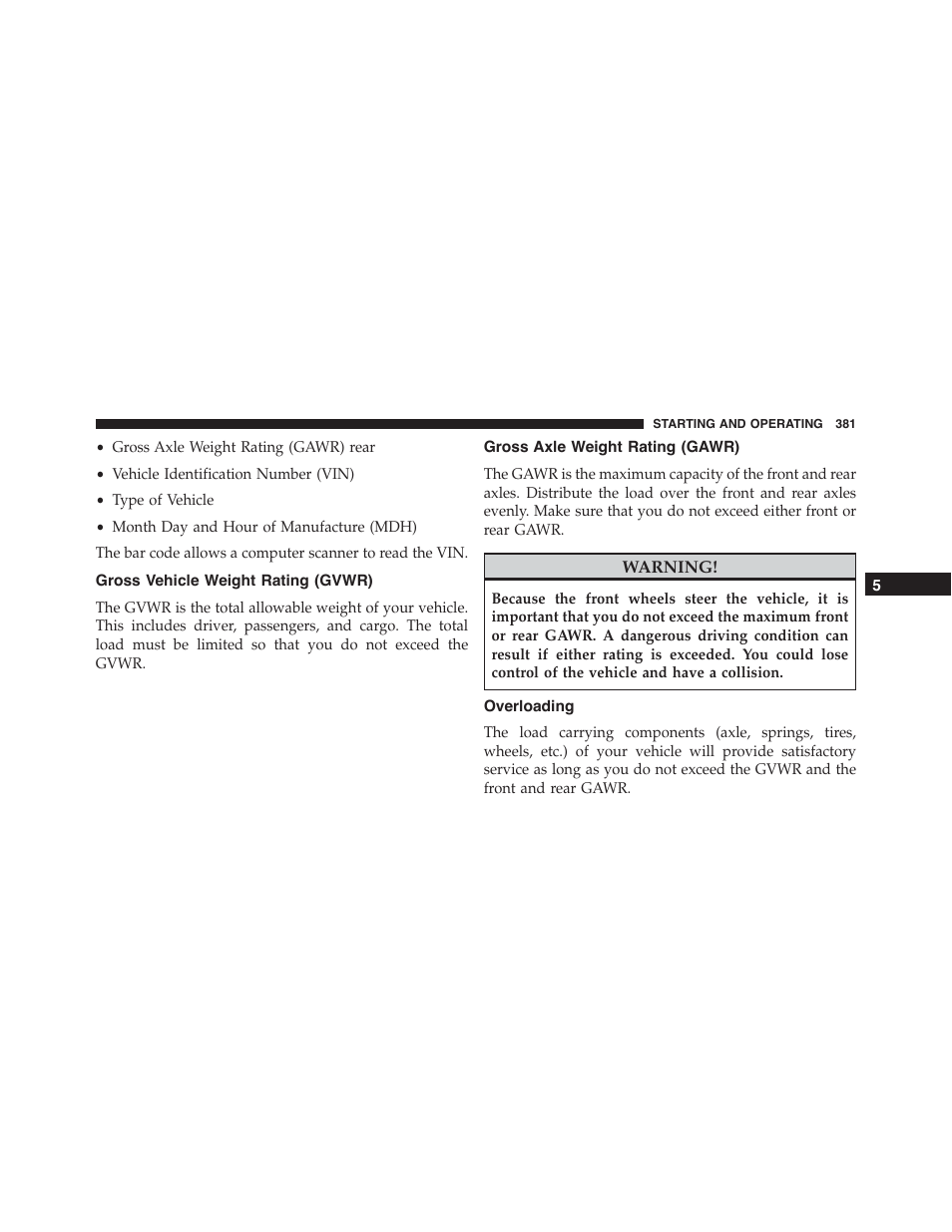 Gross vehicle weight rating (gvwr), Gross axle weight rating (gawr), Overloading | Dodge 2014 Challenger - Owner Manual User Manual | Page 383 / 541