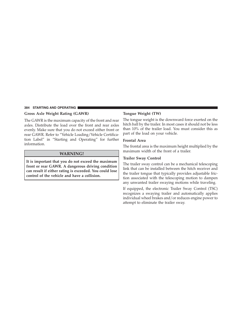 Gross axle weight rating (gawr), Tongue weight (tw), Frontal area | Trailer sway control | Dodge 2014 Challenger - Owner Manual User Manual | Page 386 / 541