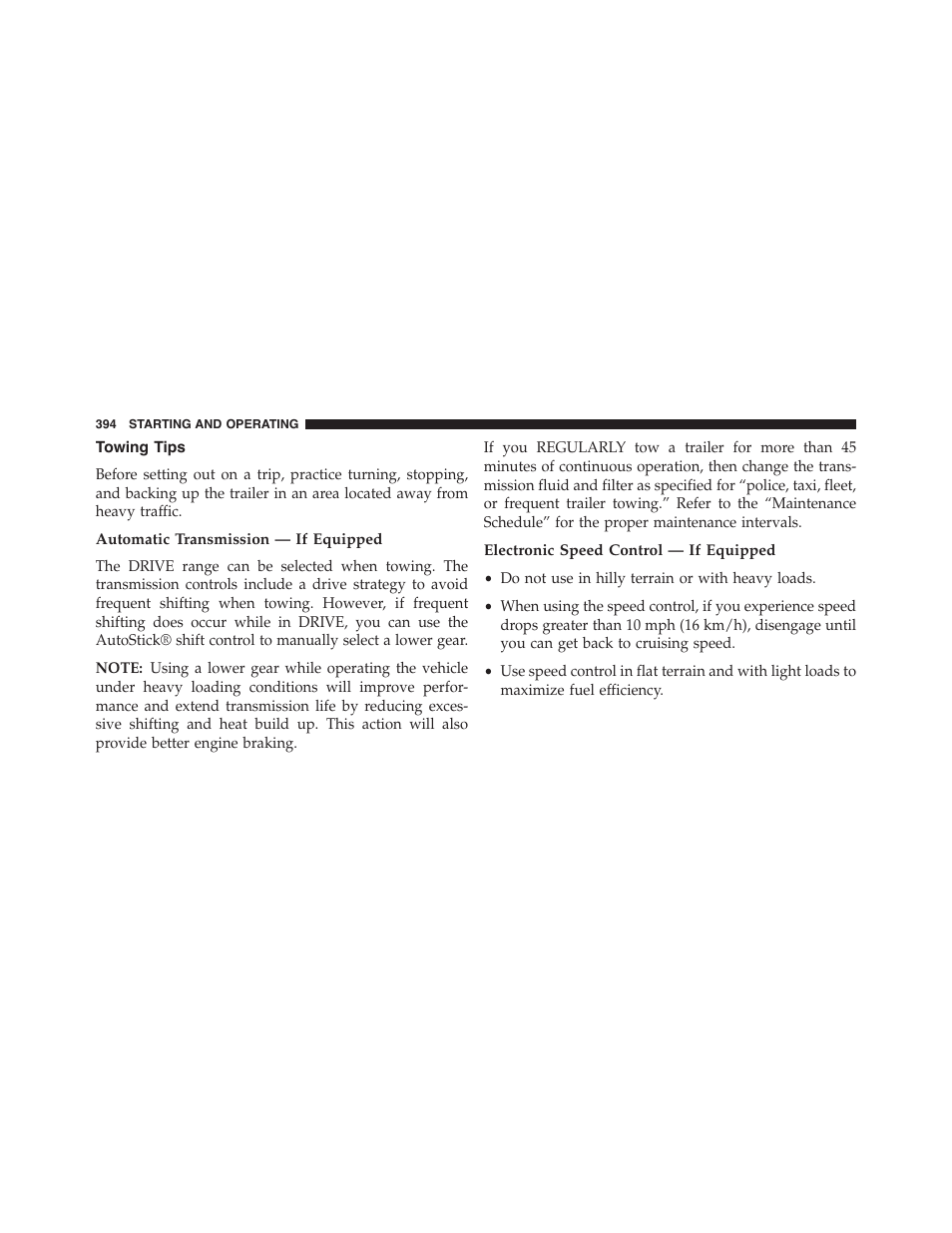 Towing tips, Automatic transmission — if equipped, Electronic speed control — if equipped | Dodge 2014 Challenger - Owner Manual User Manual | Page 396 / 541