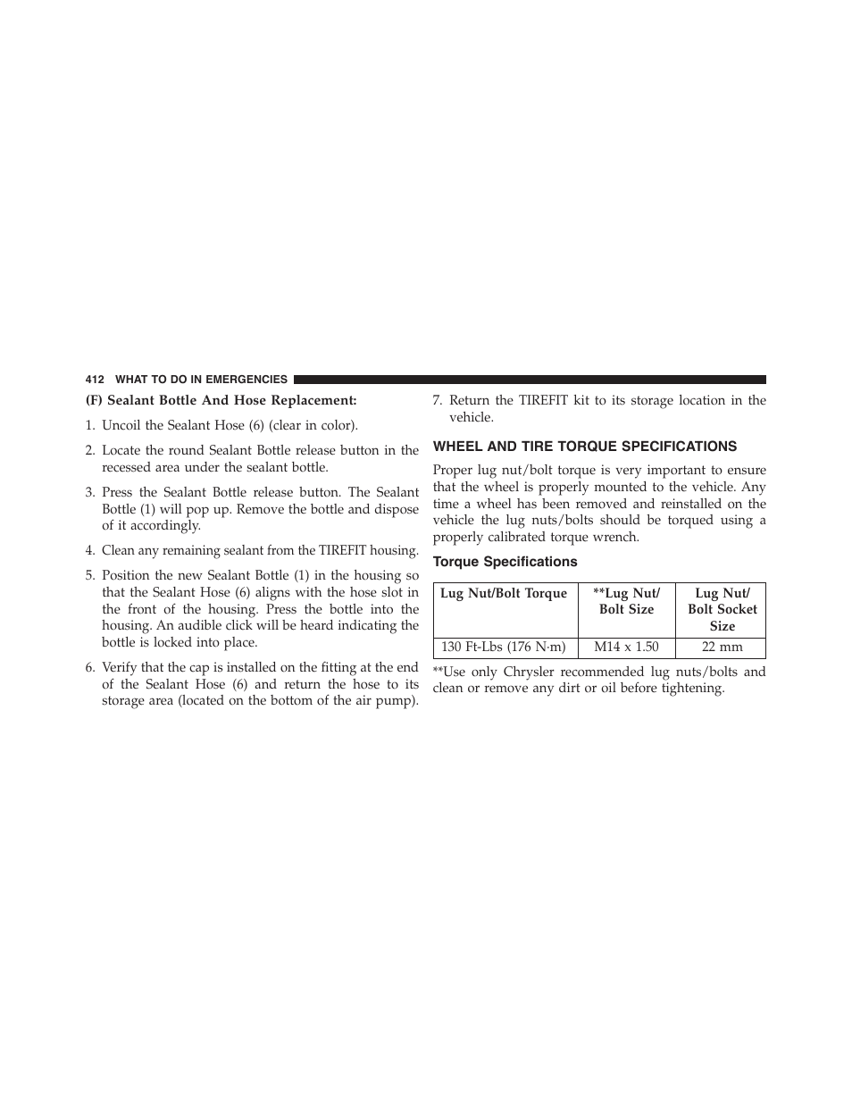 F) sealant bottle and hose replacement, Wheel and tire torque specifications, Torque specifications | Wheel and tire torque, Specifications | Dodge 2014 Challenger - Owner Manual User Manual | Page 414 / 541