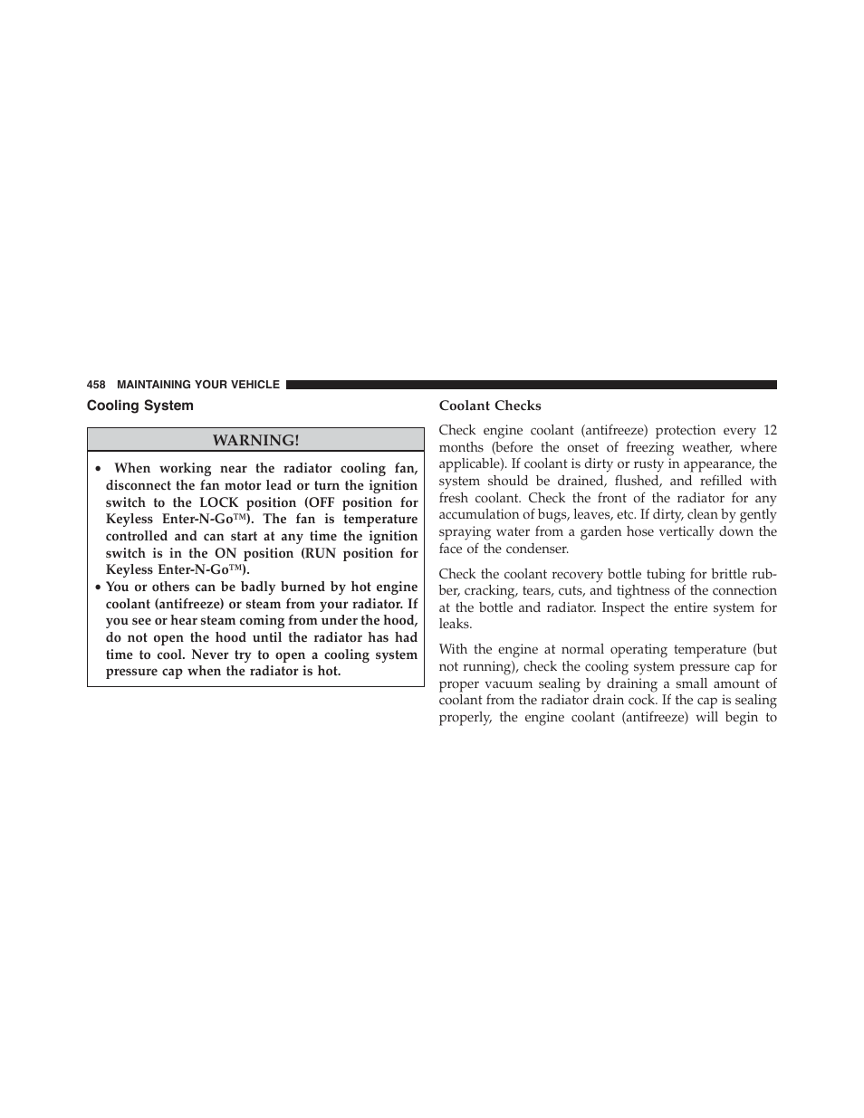 Cooling system, Coolant checks | Dodge 2014 Challenger - Owner Manual User Manual | Page 460 / 541