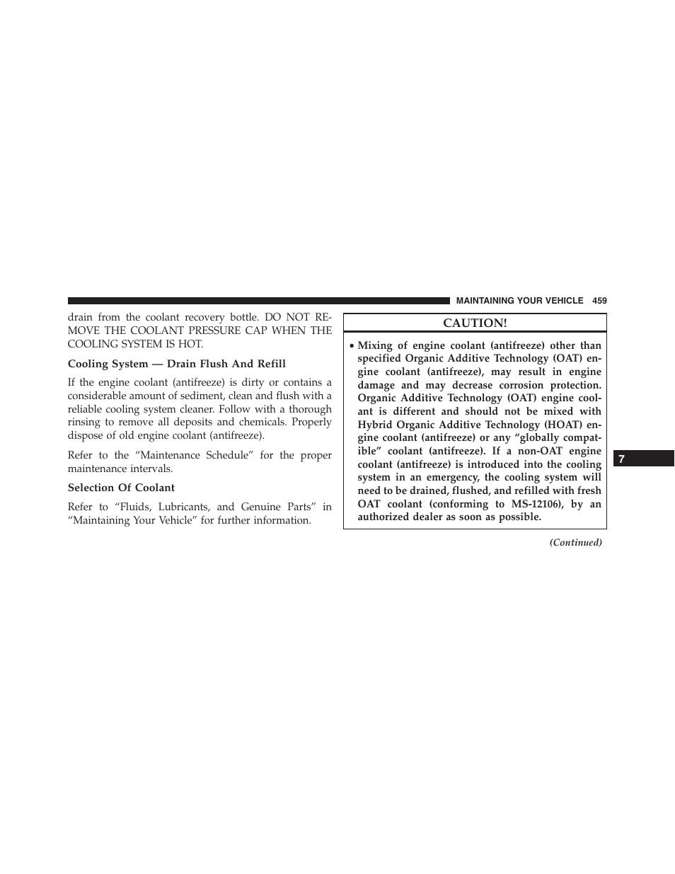 Cooling system — drain flush and refill, Selection of coolant | Dodge 2014 Challenger - Owner Manual User Manual | Page 461 / 541