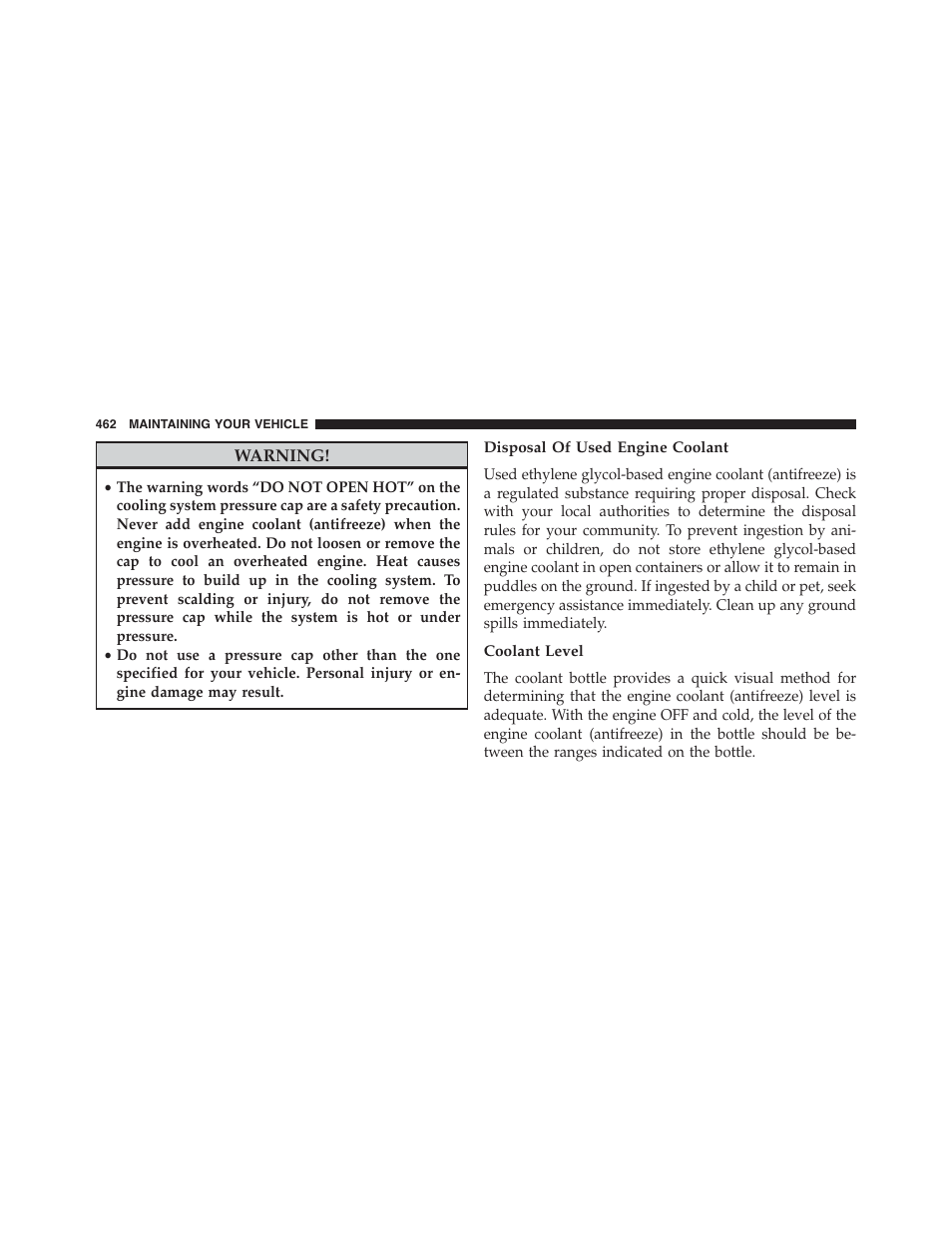 Disposal of used engine coolant, Coolant level | Dodge 2014 Challenger - Owner Manual User Manual | Page 464 / 541