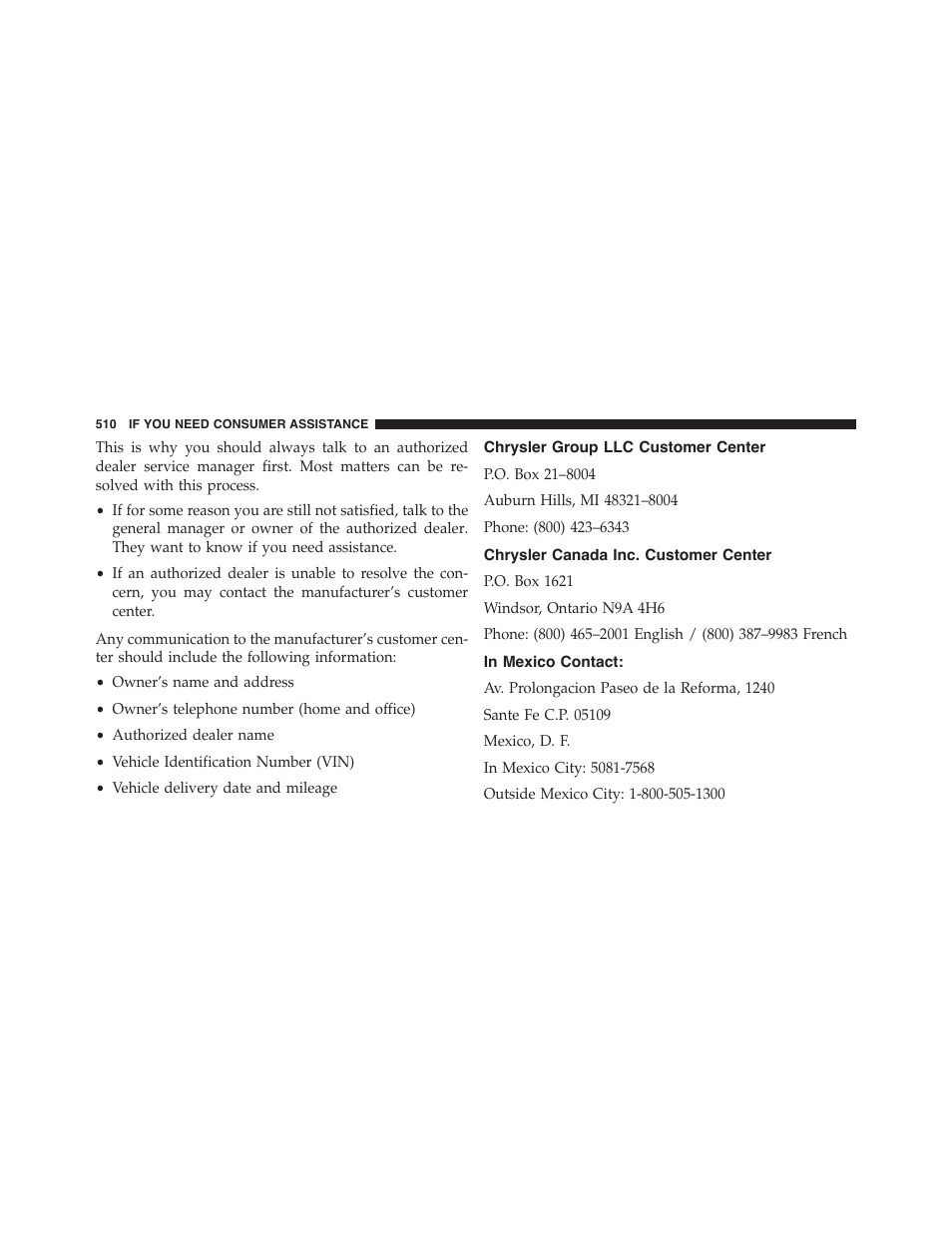 Chrysler group llc customer center, Chrysler canada inc. customer center, In mexico contact | Dodge 2014 Challenger - Owner Manual User Manual | Page 512 / 541