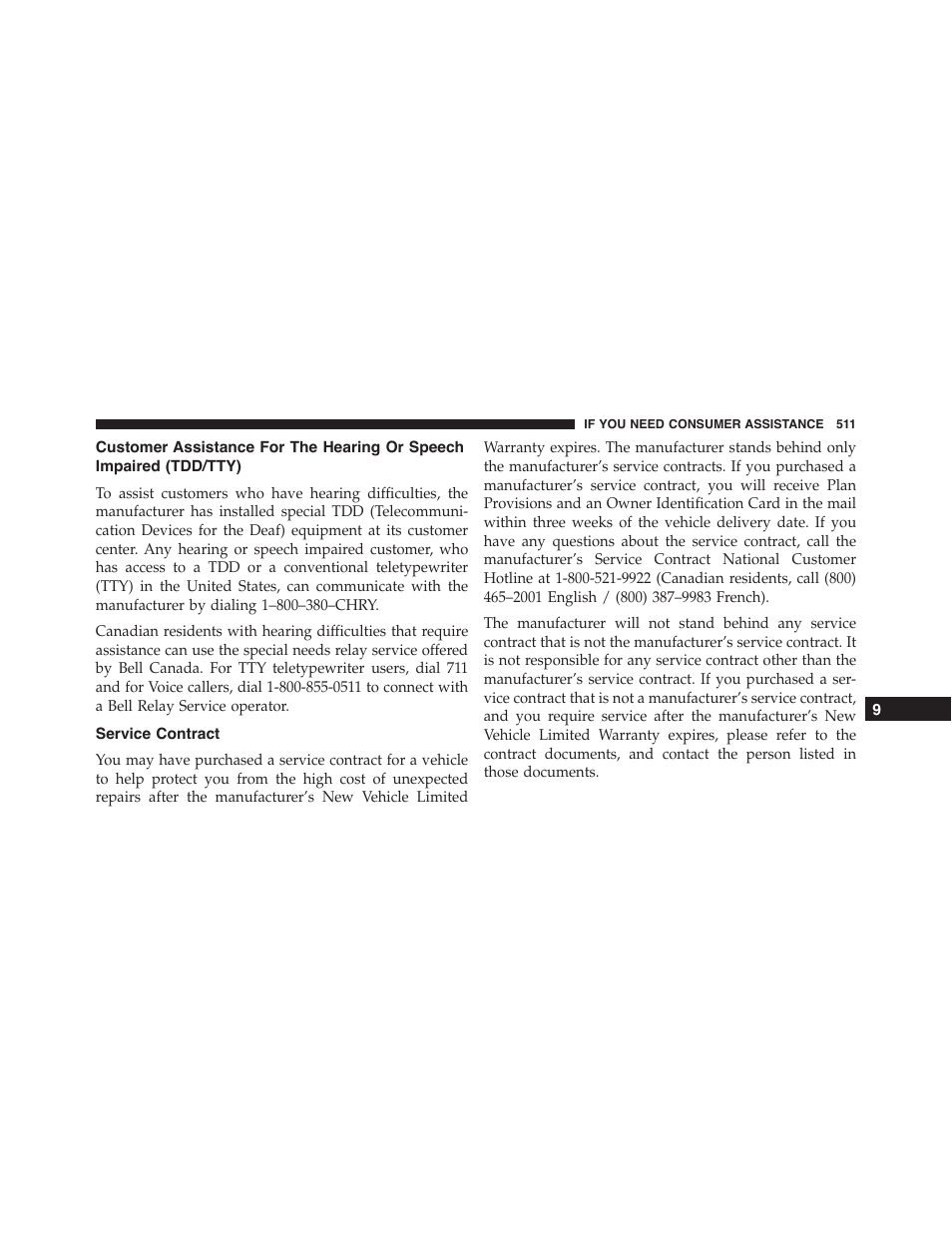 Service contract, Customer assistance for the hearing or, Speech impaired (tdd/tty) | Dodge 2014 Challenger - Owner Manual User Manual | Page 513 / 541