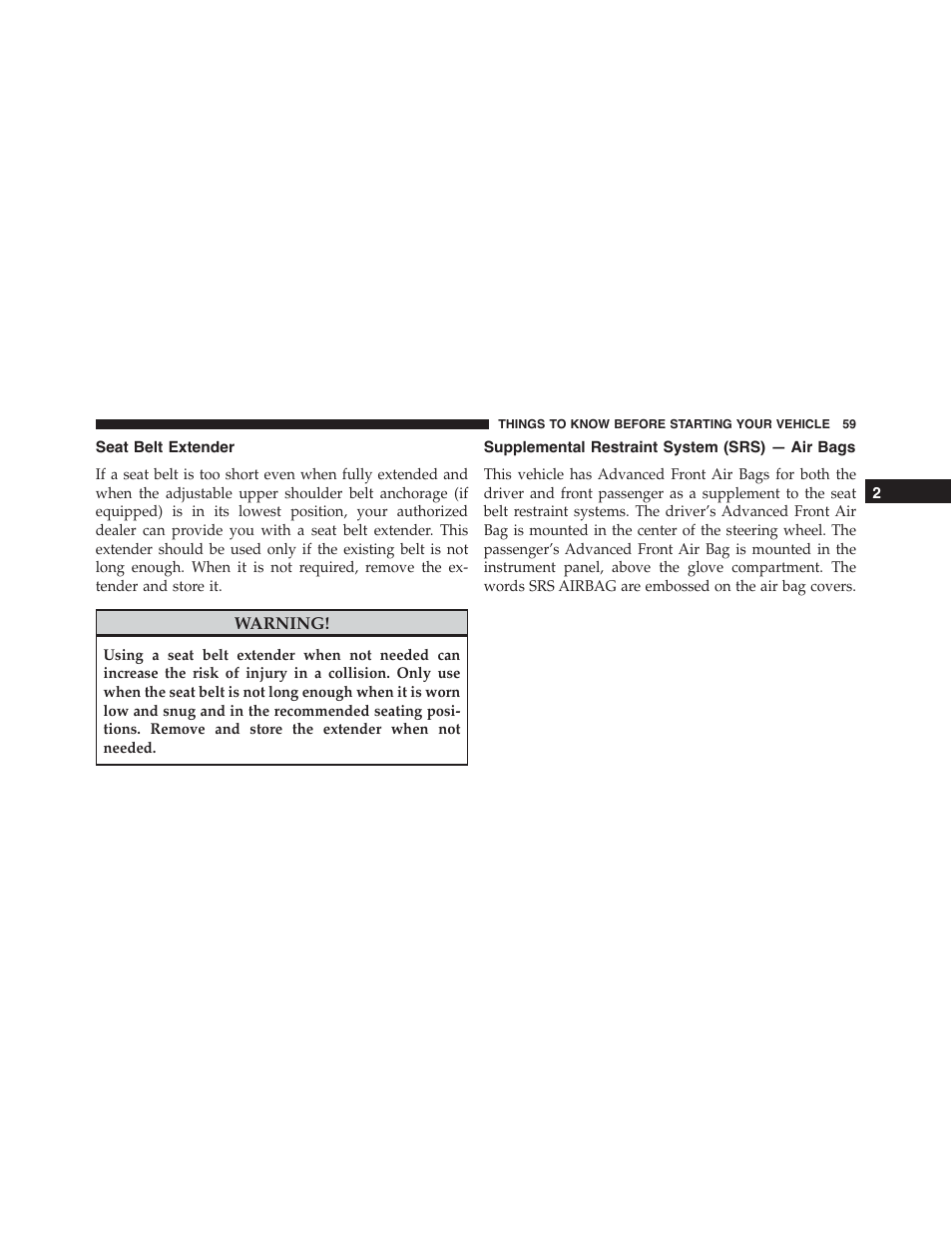 Seat belt extender, Supplemental restraint system (srs) — air bags | Dodge 2014 Challenger - Owner Manual User Manual | Page 61 / 541