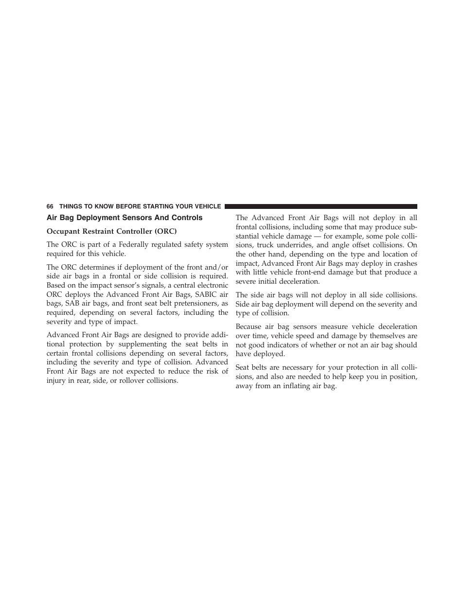 Air bag deployment sensors and controls, Occupant restraint controller (orc) | Dodge 2014 Challenger - Owner Manual User Manual | Page 68 / 541