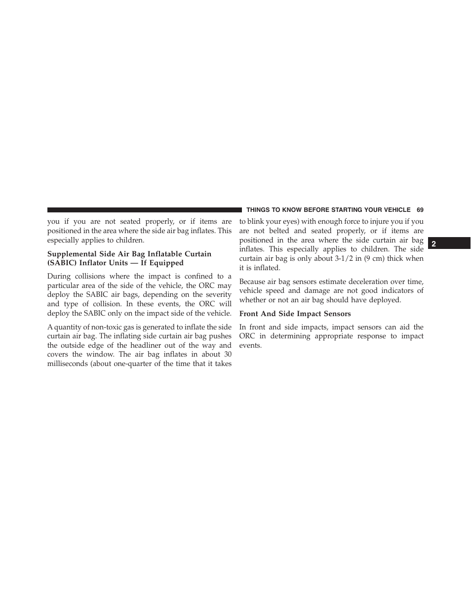 Front and side impact sensors | Dodge 2014 Challenger - Owner Manual User Manual | Page 71 / 541