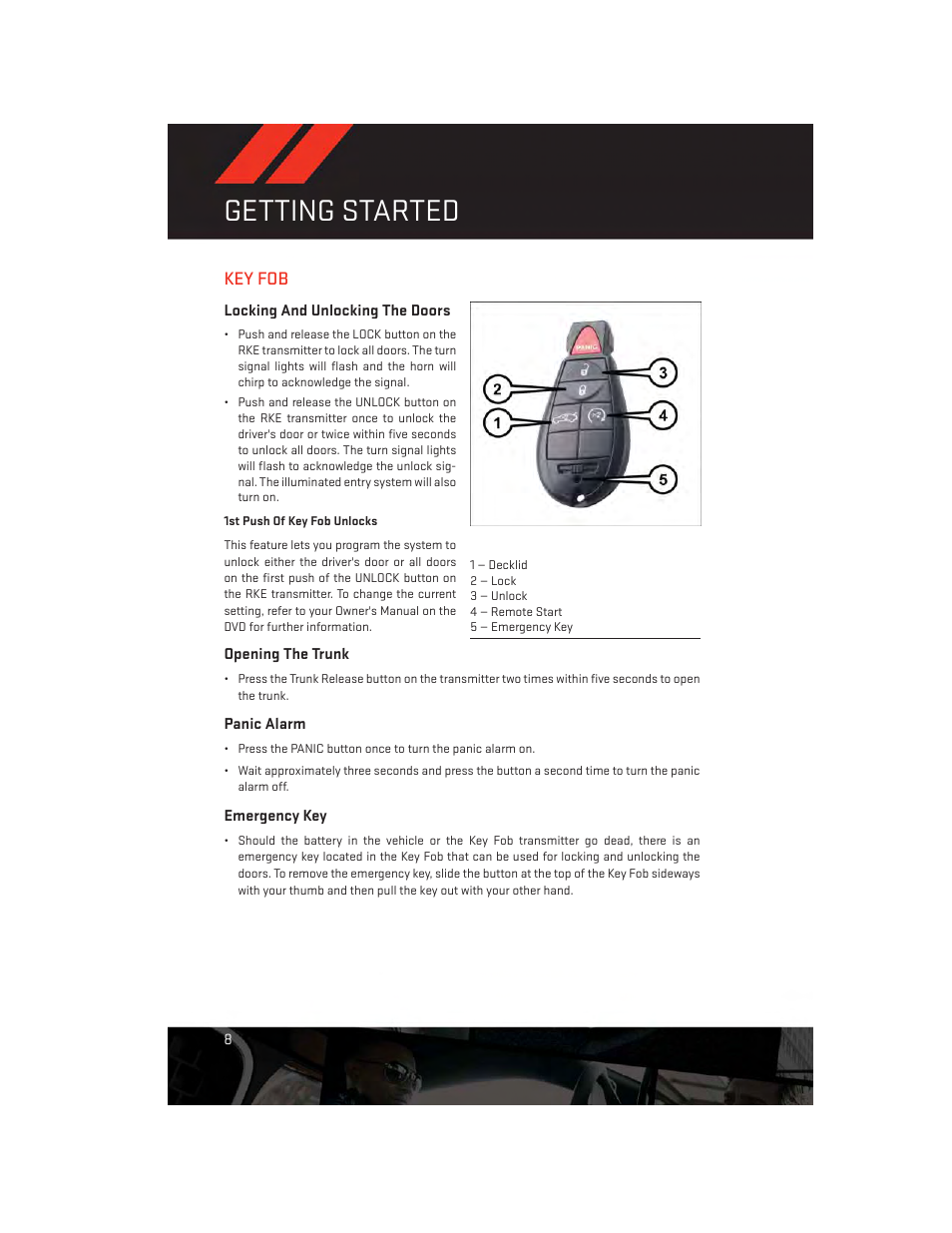 Getting started, Key fob, Locking and unlocking the doors | Opening the trunk, Panic alarm, Emergency key | Dodge 2014 Challenger_SRT - User Guide User Manual | Page 10 / 140