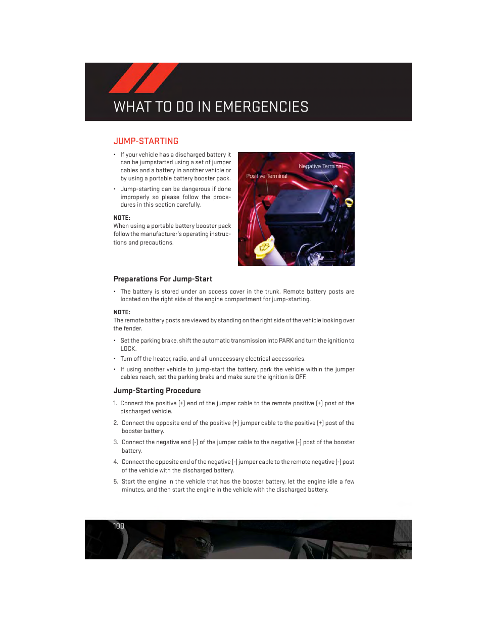 Jump-starting, Preparations for jump-start, Jump-starting procedure | What to do in emergencies | Dodge 2014 Challenger_SRT - User Guide User Manual | Page 102 / 140